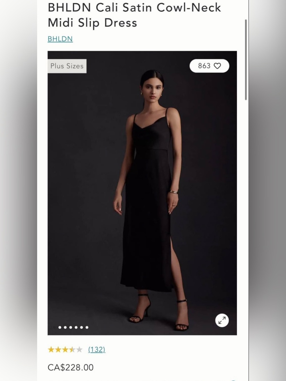 Anthropologie Black Satin Cowl-Neck Midi Slip Dress